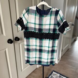 English Factory Plaid Mini Dress Embellished Short Sleeve Size M Anthro Style